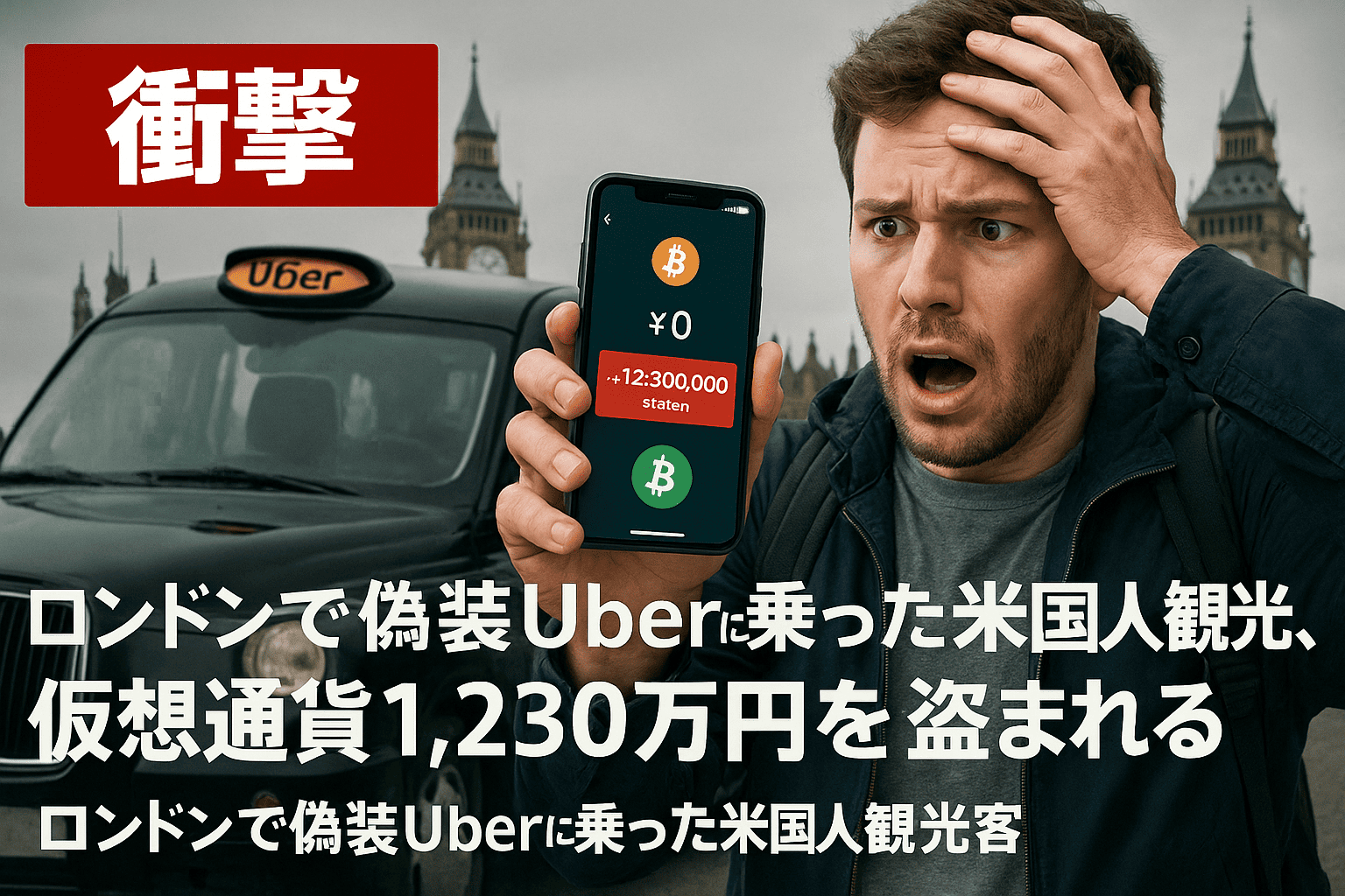 【衝撃】ロンドンで偽装Uberに乗った米国人観光客、仮想通貨1,230万円を盗まれる