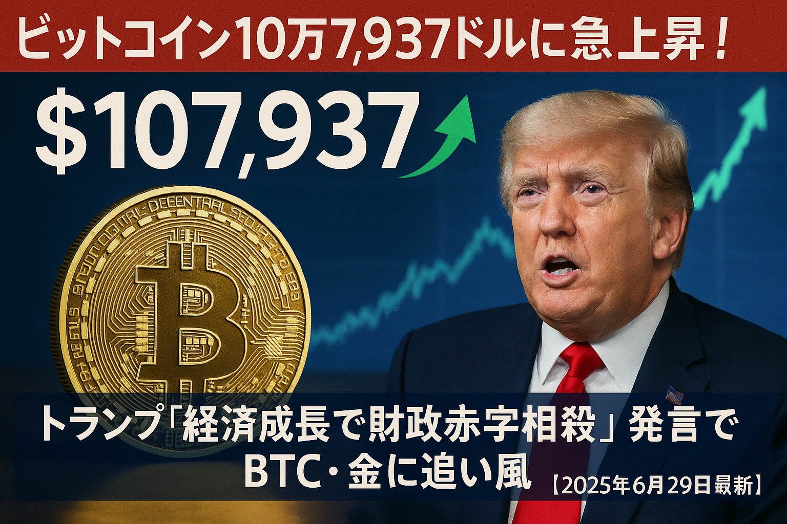 ビットコイン10万7,937ドルに急上昇!トランプ「経済成長で財政赤字相殺」発言でBTC・金に追い風【2025年6月29日最新】