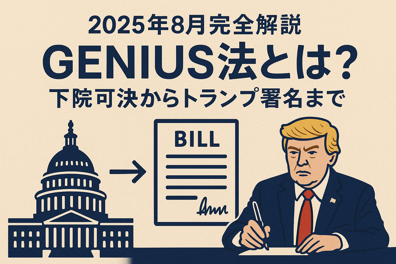 【2025年8月完全解説】GENIUS法とは？下院可決からトランプ署名まで - ビットコイン・XRP・イーサリアムへの影響とSMST ETF急騰分析