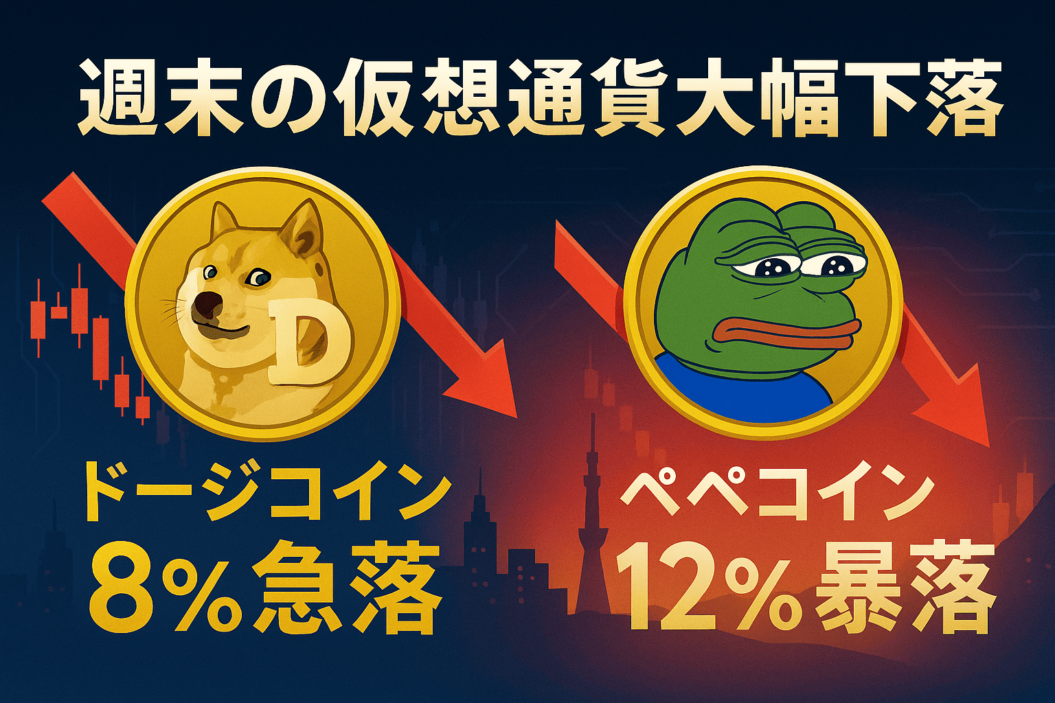 週末の仮想通貨大幅下落 - ドージコイン8%急落、ペペコインは12%の暴落