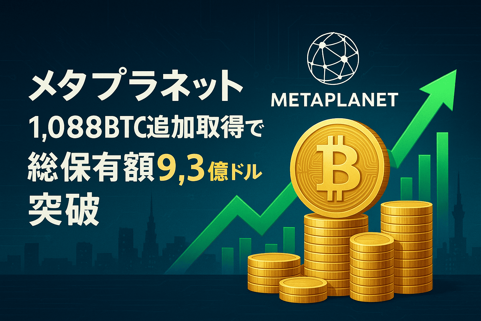 【速報】メタプラネット、1,088BTC追加取得で総保有額9.3億ドル突破 - アジア企業最大のビットコイン投資家へ