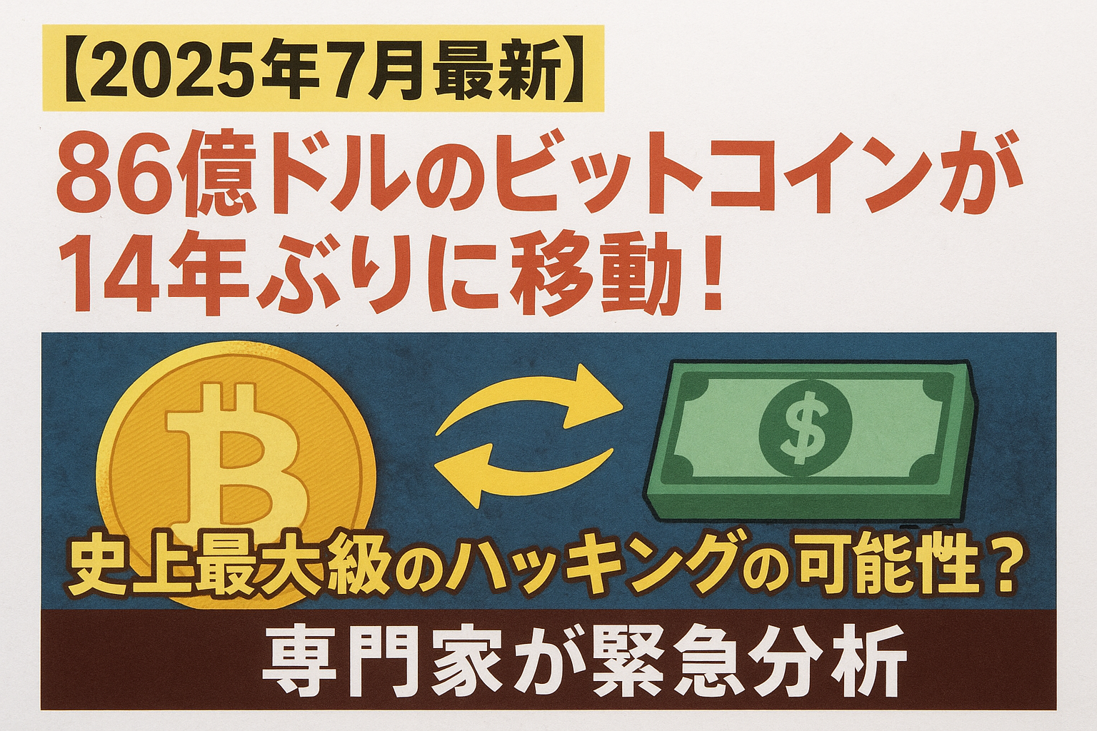 【2025年7月最新】86億ドルのビットコインが14年ぶりに移動!史上最大級のハッキングの可能性?専門家が緊急分析
