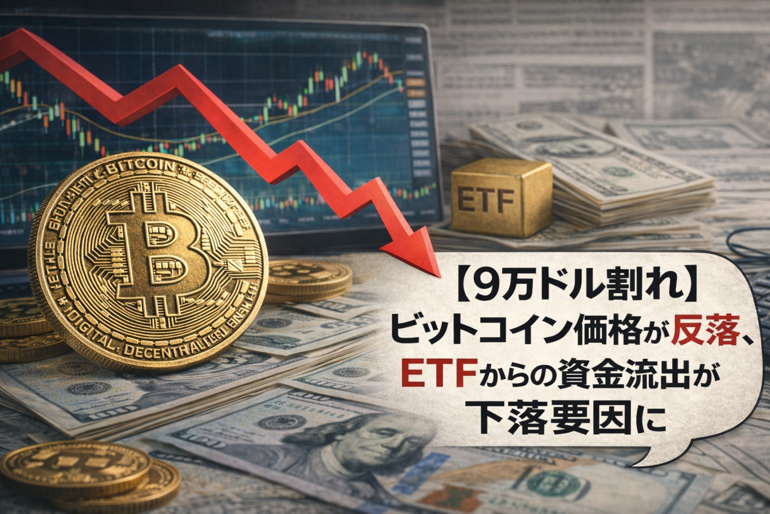 【9万ドル割れ】ビットコイン価格が反落、ETFからの資金流出が下落要因に