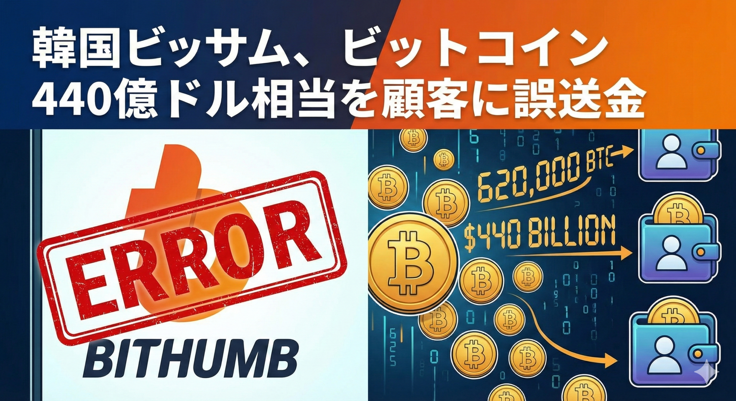 韓国ビッサム、ビットコイン440億ドル相当を顧客に誤送金。62万BTCが配られた事件の全容