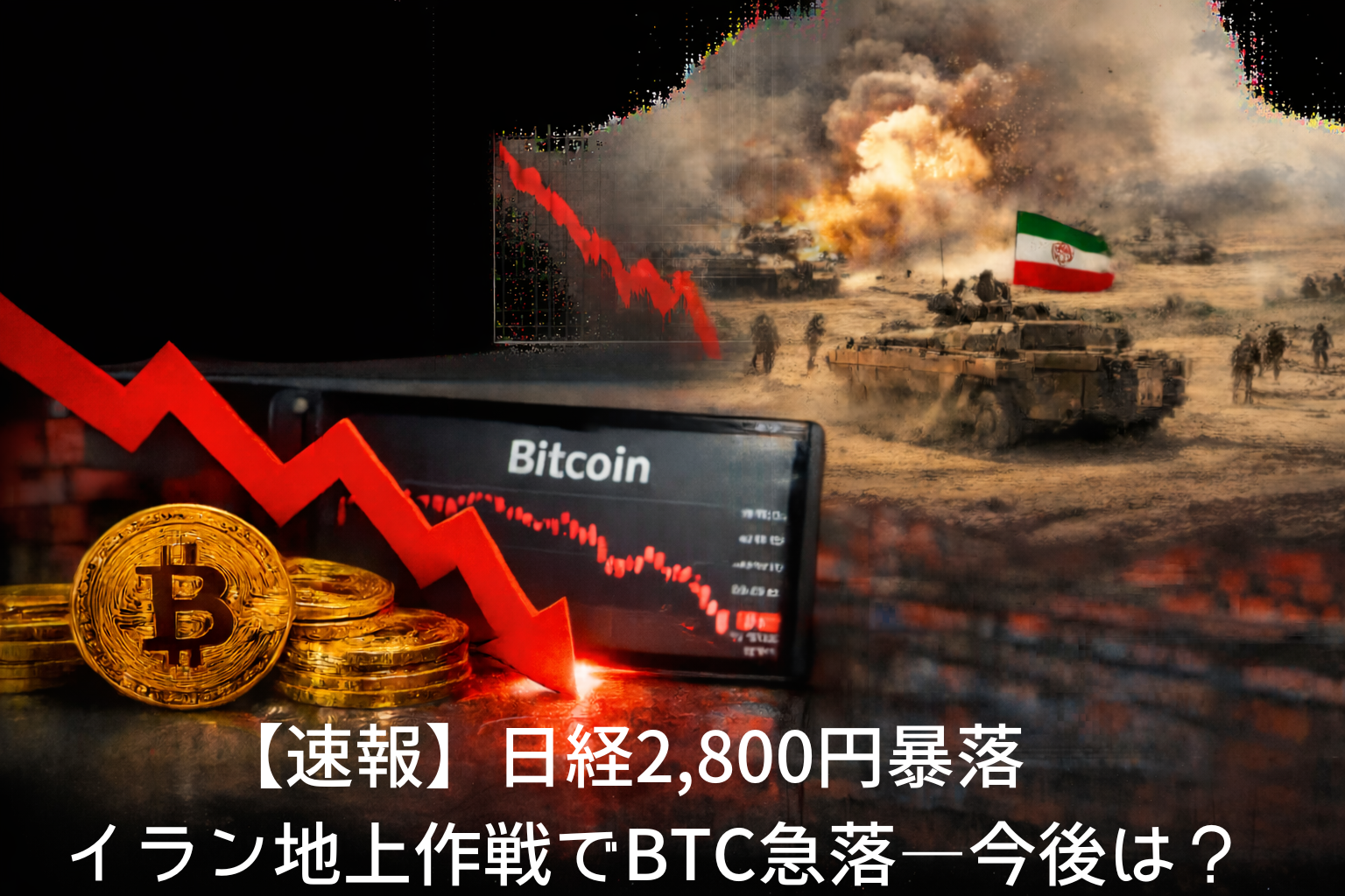【速報】日経2,800円暴落　イラン地上作戦でBTC急落―今後は？