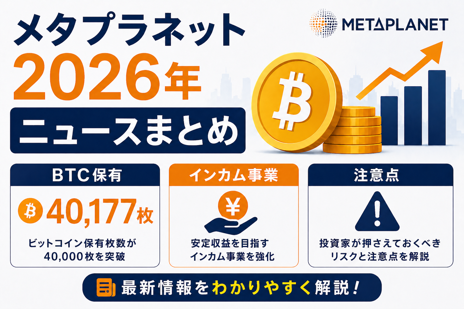 メタプラネット2026年ニュースまとめ。BTC保有40,177枚・インカム事業・注意点を解説