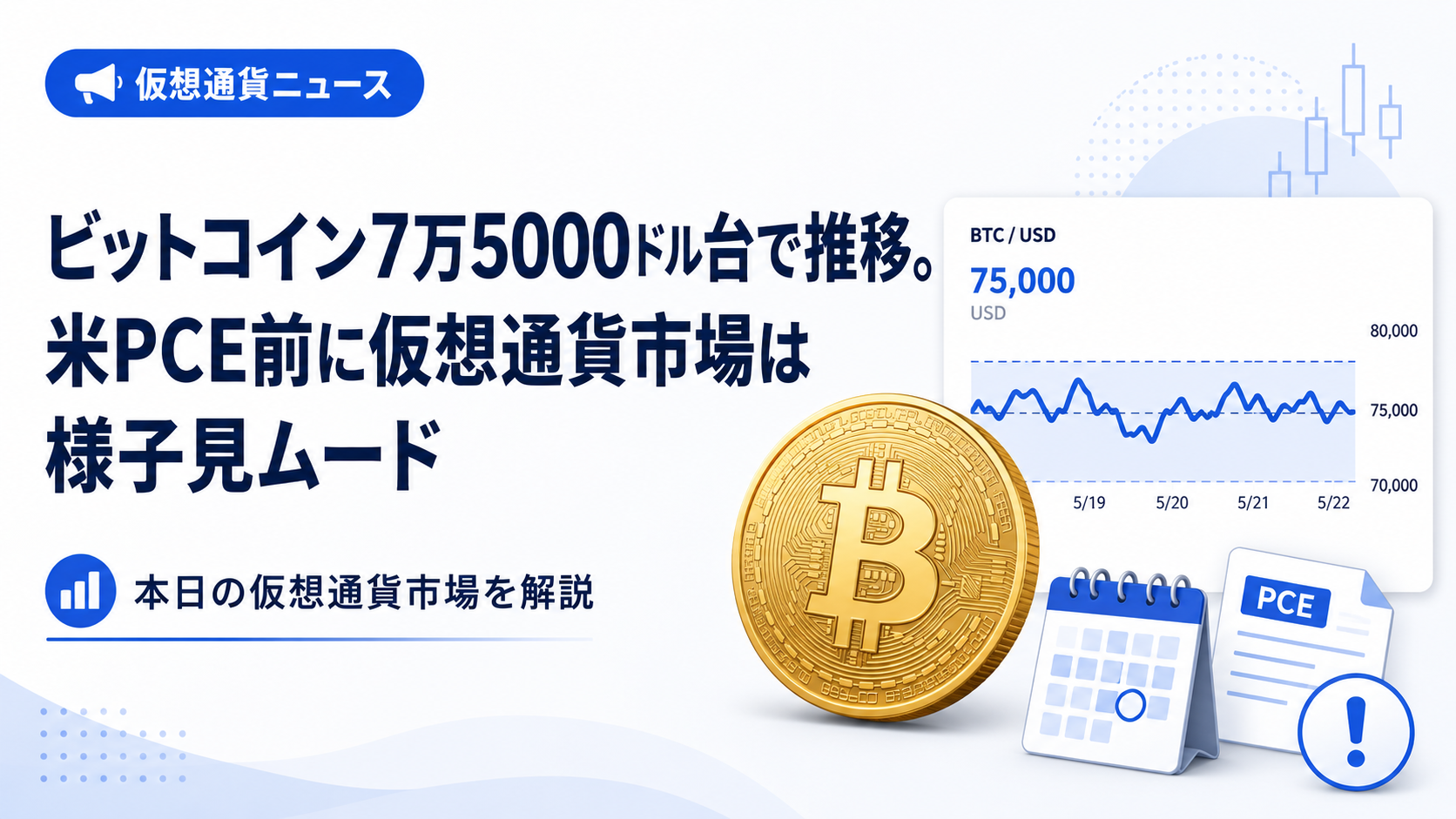 ビットコイン7万5000ドル台で推移。米PCE前に仮想通貨市場は様子見ムード