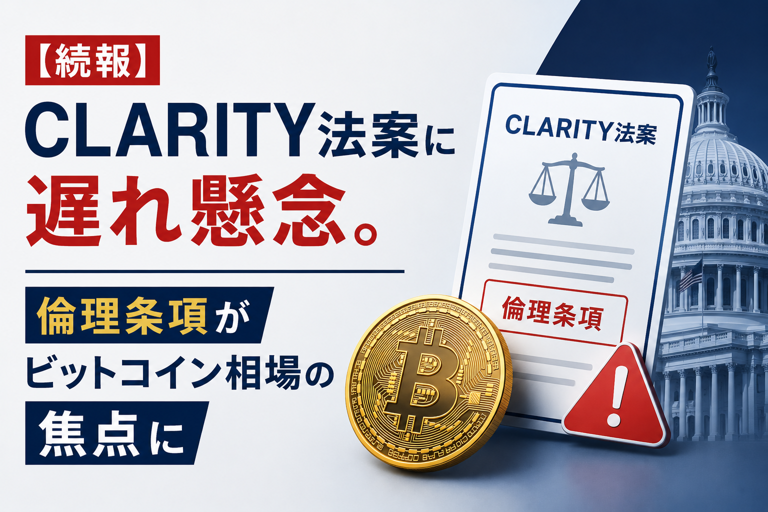 【続報】CLARITY法案に遅れ懸念。倫理条項がビットコイン相場の焦点に