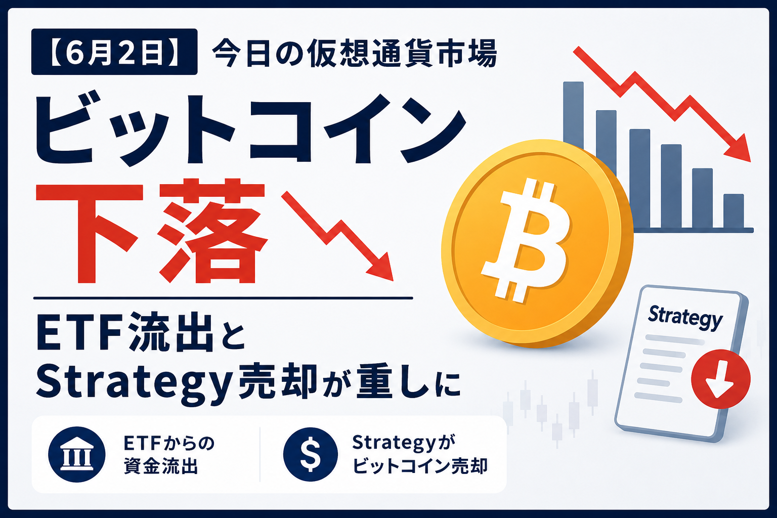 【6月2日】今日の仮想通貨市場。ビットコイン下落、ETF流出とStrategy売却が重しに