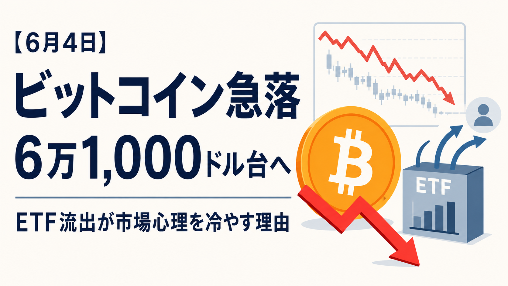【6月4日】ビットコイン急落で6万1,000ドル台へ。ETF流出が市場心理を冷やす理由